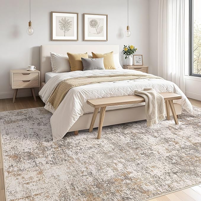 Area Rugs for Living Room: 5x7 Abstract Washable Rug Modern Neutral Large Soft Stain Resistant Non-Slip Backing Machine Table for Bedroom Dining Room Indoor Home Office Carpet - Brown Grey