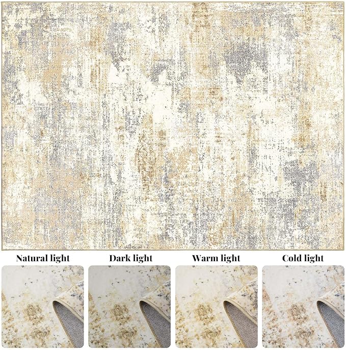 Area Rug Living Room Washable Rugs: 9x12 Modern Neutral Abstract Low Pile Non Slip Floor Carpet - Large Soft Thin Stain Resistant Rug for Bedroom Dining Indoor Office Home, Gold Grey