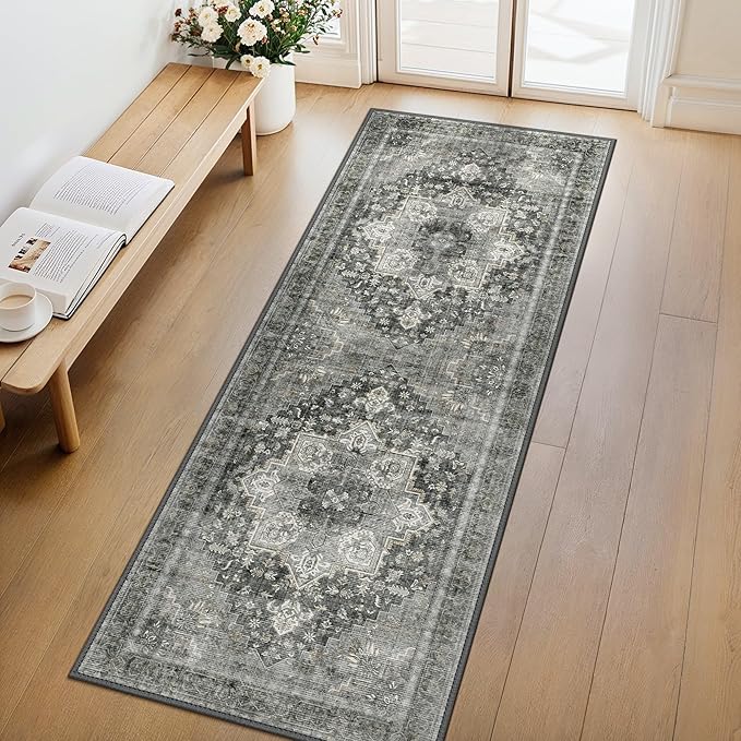 GENIMO 2x5 Runner Rugs for Hallway, Machine Washable Non Slip Vintage Rugs, Low Pile Lightweight Soft Print Rug for enrtyway, Corridor, Home Office, Kitchen, Charcoal Gray