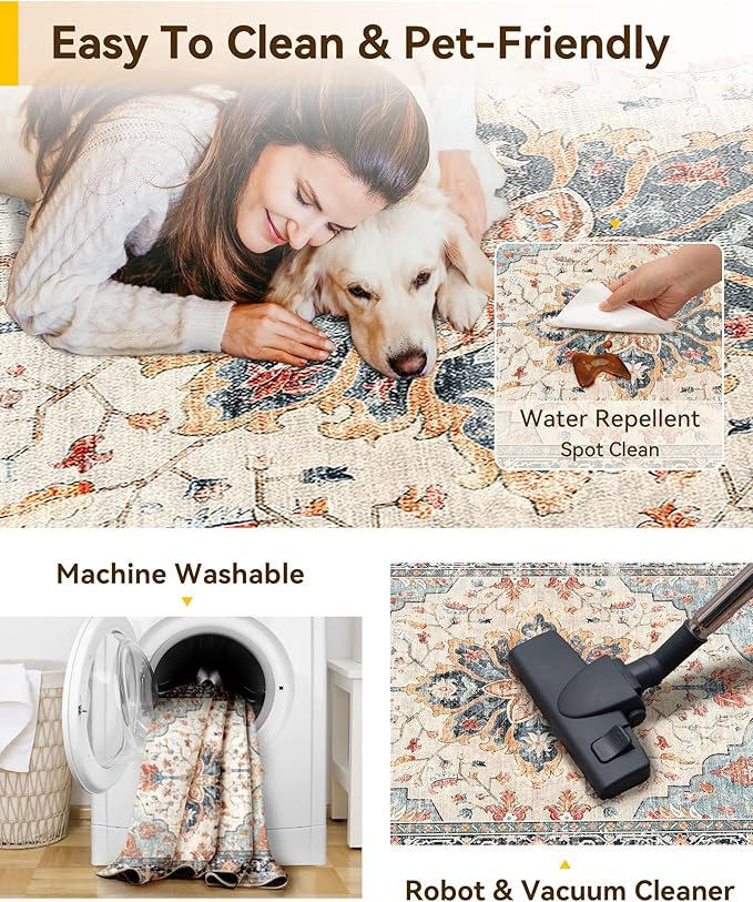 Area Rugs 5'x7' Washable Non-Slip, Floral Vintage Distress Print Pattern Medallion Carpet for Living Room Bedroom Dining Room, Beige Navy Blue Orange Colorful