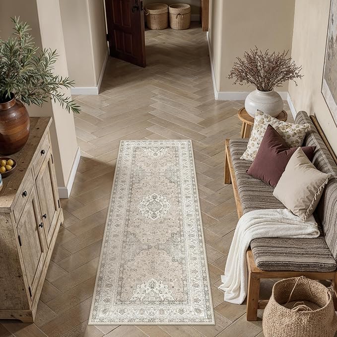 2x6 Neutral Washable Vintage Runner Rug for Living Room Bedroom Beige Brown Soft Non Slip Area Rug Lightweight Floral Low Pile Distressed Runner Entrance Laundry Room Hallway