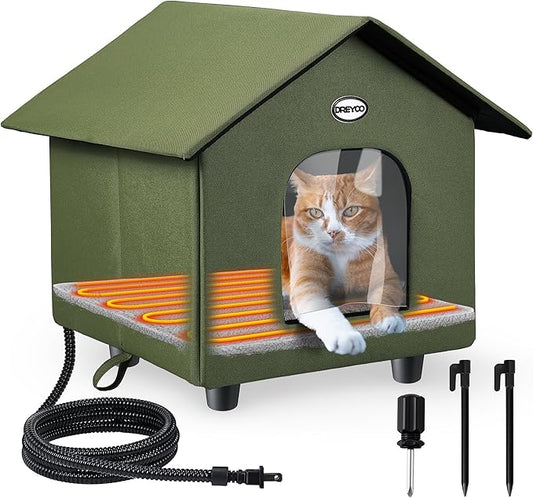 Dreyoo 1 Pack Heated Cat House Weatherproof, Winter Outdoor Tent with Heated Bed, Foldable Warm Shelter with 2 Doors for Feral Cats and Small Animals (Green)