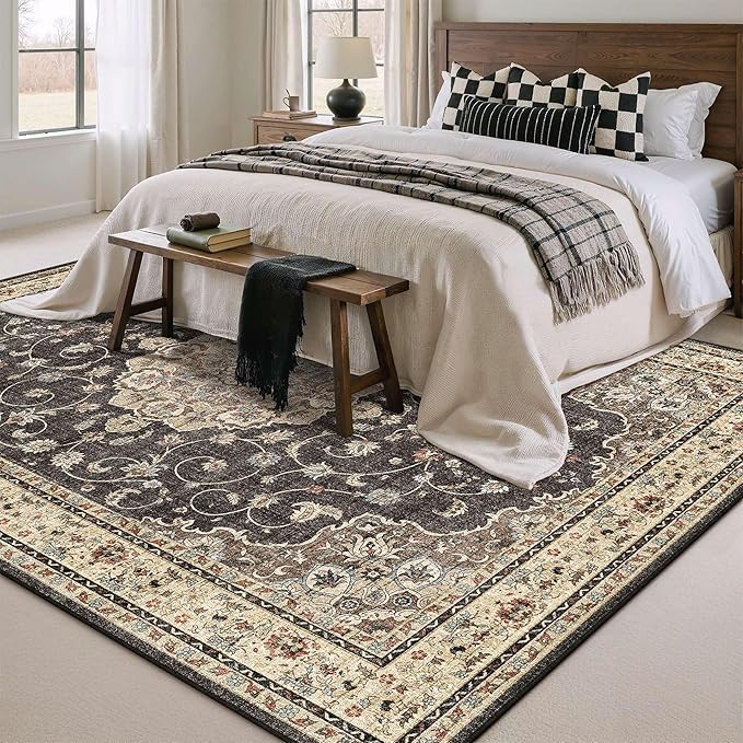 HUGEAR Machine Washable Area Rugs 6x9 Vintage Black Living Room Bedroom Rug Neutral Style Non Slip Stain Resistant Low Pile Throw Carpet for Home Retro Aesthetic Modern Decor