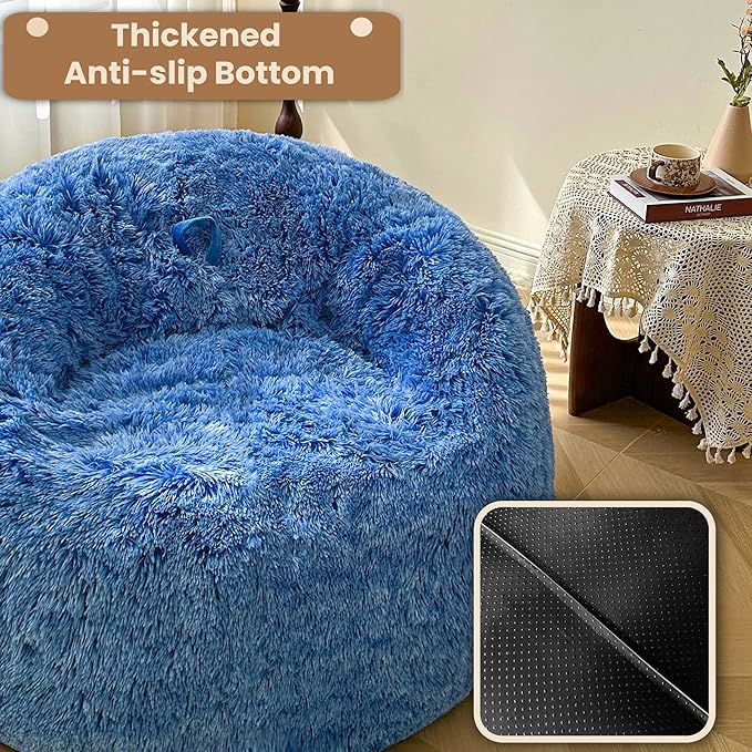 MEGO 5FT Fluffy Faux Fur Giant Bean Bag Chair Cover (No Filler), Cozy Plush Stuffed Animal Storage Beanbag, Ultra-Soft Anti-Slip Lazy Sofa Bed Cover Home Decor Gaming Living Room Bedroom, Ombre Blue
