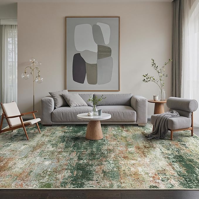 Area Rugs 6x9 for Living Room Bedroom, Modern Abstract Machine Washable Rug, Large Soft Low Pile Floor Carpet with Non Slip Backing for Dining Room, Green/Brown