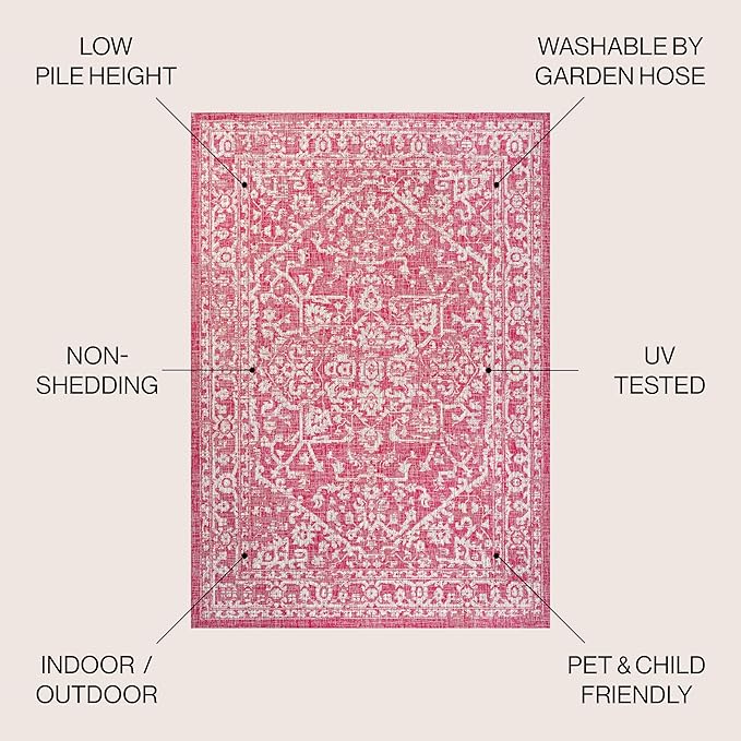 JONATHAN Y Boho Medallion Indoor Outdoor Area Rug 8X10 Fuchsia/Light Gray, Malta Textured Weave for Backyard, Patio, Porch, Easy-Cleaning, High Traffic, Pet-Friendly, Non-Shedding (SMB104E-8)
