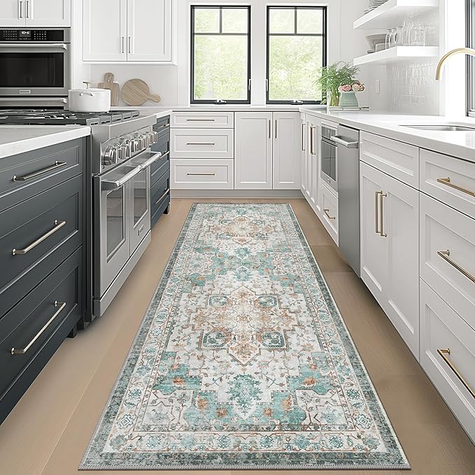 GENIMO 2x7 Runner Rugs for Hallway, Machine Washable Non Slip Vintage Rugs, Low Pile Lightweight Soft Print Rug for enrtyway, Corridor, Home Office, Kitchen, Cyan