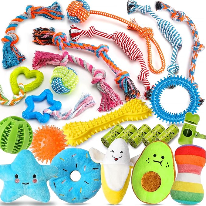 Zeaxuie 25 Pack Luxury Dog Chew Toys for Puppy, Dog Toys with Ropes, Treat Ball and Squeaky Puppy Toys for Teething Small Dogs