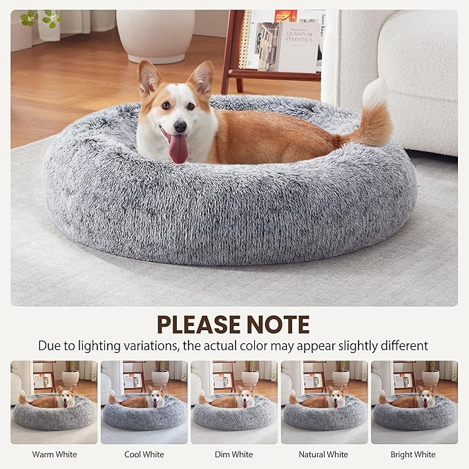 Donut Dog Bed Medium Size Dog 36 Inch, Round Cat Beds for Small Medium Dogs and Cats with Washable Fluffy Faux Fur, Cute Comfort Pet Bed with Anti-Slip Bottom, Grey