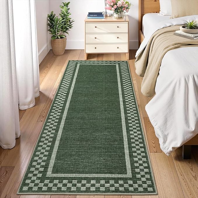 GarveeHome Kitchen Runner Rug Washable Runner Rug 2x6 for Hallway Non Slip Soft Throw Runner Carpet Modern Bordered Bathroom Mat Low Pile Checkered Runner Rugs for Bedroom Living Room Entry, Green