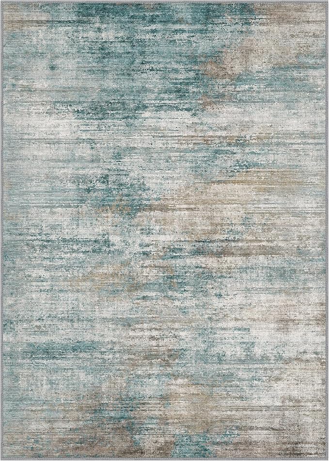 Area Rugs 5x7 for Living Room Bedroom, Modern Abstract Machine Washable Rug, Large Soft Low Pile Floor Carpet with Non Slip Backing for Dining Room, Teal/Grey