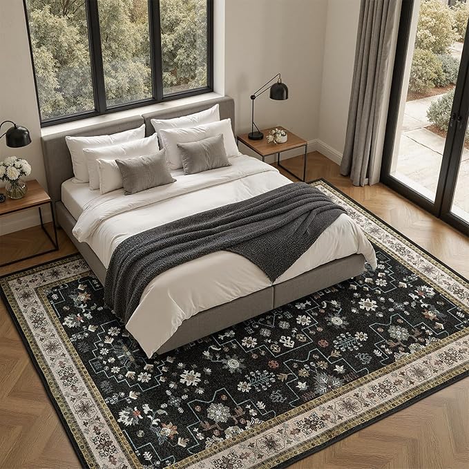 DCX Machine Washable Black Area Rug 6x9, Non Slip Stain Resistant Vintage Floral Rug for Living Room Bedroom Dining Room, Soft Low Pile Large Carpet