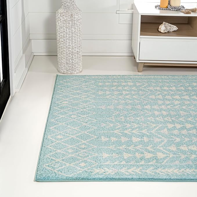 JONATHAN Y Ziri Moroccan Geometric Turquoise/Cream Indoor Area Rug, 3x5, Bohemian, Scandinavian, Easy-Cleaning for Living Room, Bedroom, Kitchen, Pet Friendly, Non-Shedding (MOH210E-3)