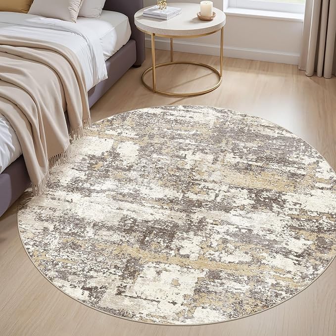 5ft Round Area Rugs for Living Room: 5x5 Abstract Washable Rug Modern Large Soft Stain Resistant Non-Slip Backing Machine Table for Bedroom Dining Room Indoor Home Office Carpet - Gold Brown