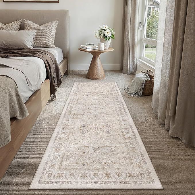 2x6 Runner Rug Hallway Beige Washable Vintage Carpet Kitchen Long Small Indoor Non Slip Soft Low Pile Thin Stain Resistant Distressed Accent Throw Rug for Bedroom Laundry Office Living Room