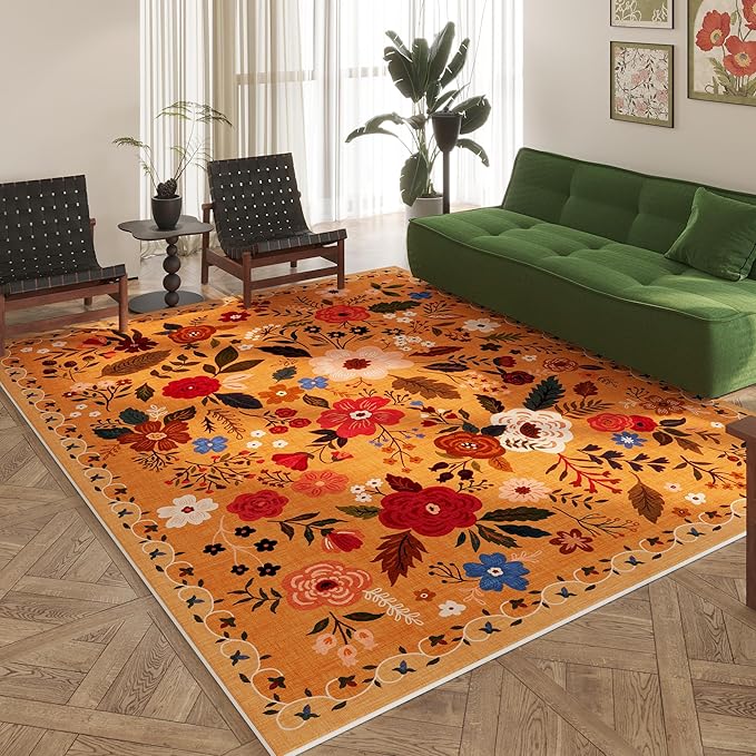 Rugcomf Area Rugs 8x10 Rug for Living Room Clearance Washable Boho Area Rug Non Slip Floral Vintage Low Pile Large Rug for Living Room, Bedroom, Farmhouse, Dining Room, Kids Playroom(Yellow)