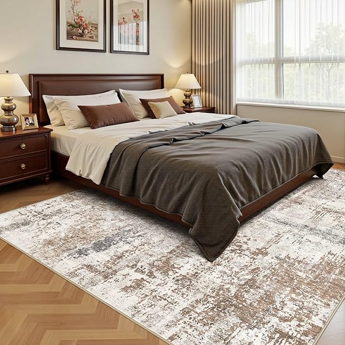 Area Rug Living Room Rugs - Washable Neutral Modern Abstract Soft Thin Rug Indoor Floor No Slip Rug Carpet for Bedroom Under Dining Table Home Office Decor - Brown/Grey/Red - 8x10