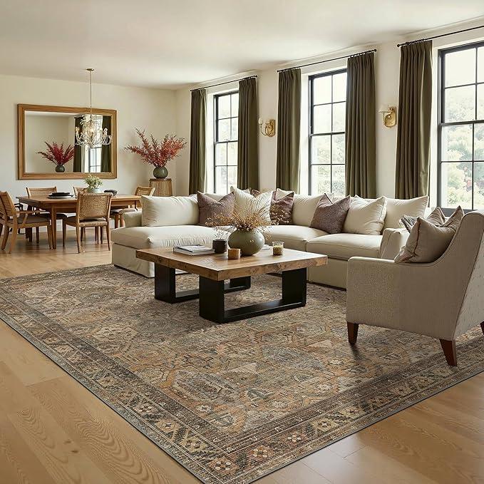 Bavni Washable Rug 3x5 Area Rug for Living Room Bedroom Dining, Washable Vintage Print Carpet, Ultra-Thin Chenille Low Pile Lightweight Rug with Non Slip Backing, Warm Taupe