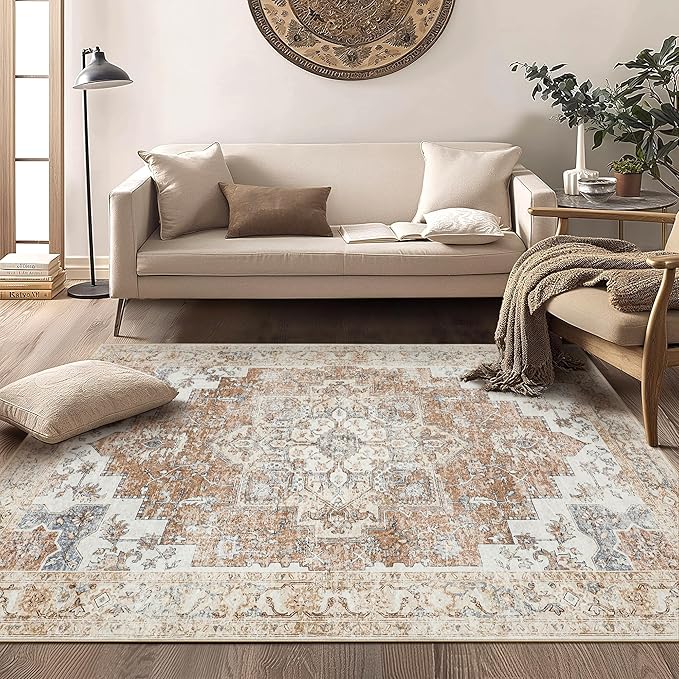 GENIMO 8x10 Area Rugs for Living Room, Machine Washable Non Slip Rugs, Low Pile Lightweight Vintage Print Rug for Bedroom, Dining Room, Home Office, Warm Orange