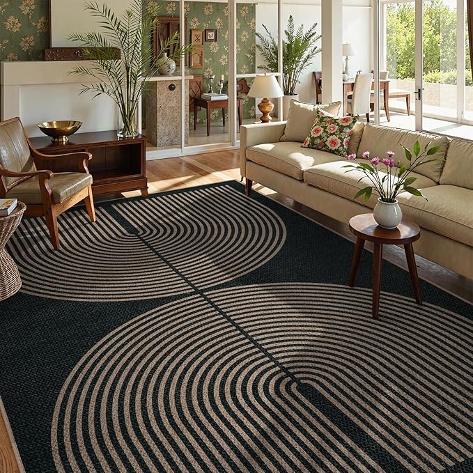 Lahome Modern Rainbow Easy Jute Outdoor Carpet, Washable Rugs 9x12 for Living Room Patio Large Farmhouse Indoor Outdoor Carpet, Contemporary Black Dining Room Rugs for Under Table Office Backyard