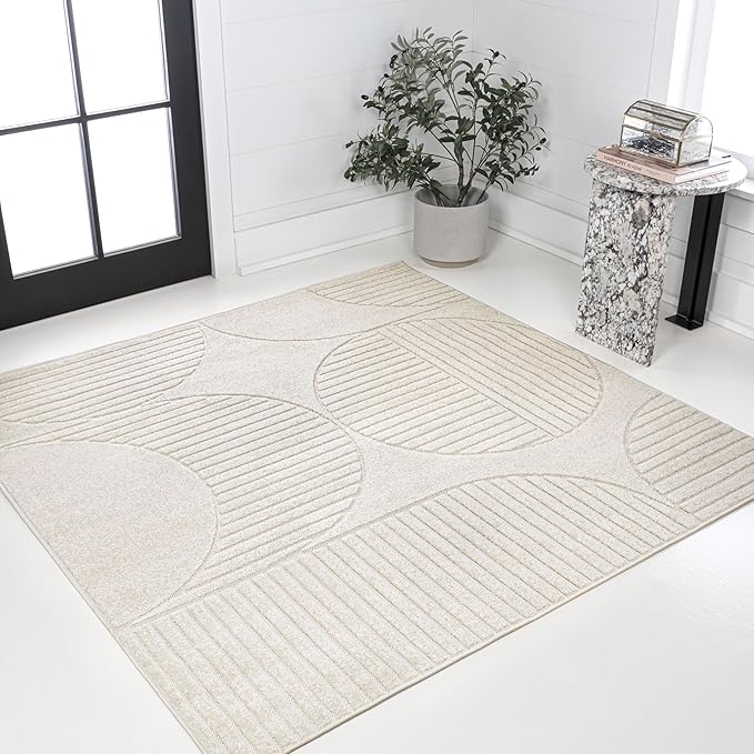 JONATHAN Y Nordby High-Low Arch Striped Ivory/Cream 5x5 Square Indoor/Outdoor Area Rug, Pet Friendly, Non-Shedding, Stain Resistant, Easy-Cleaning for Backyard, Patio (SCN104B-5SQ)
