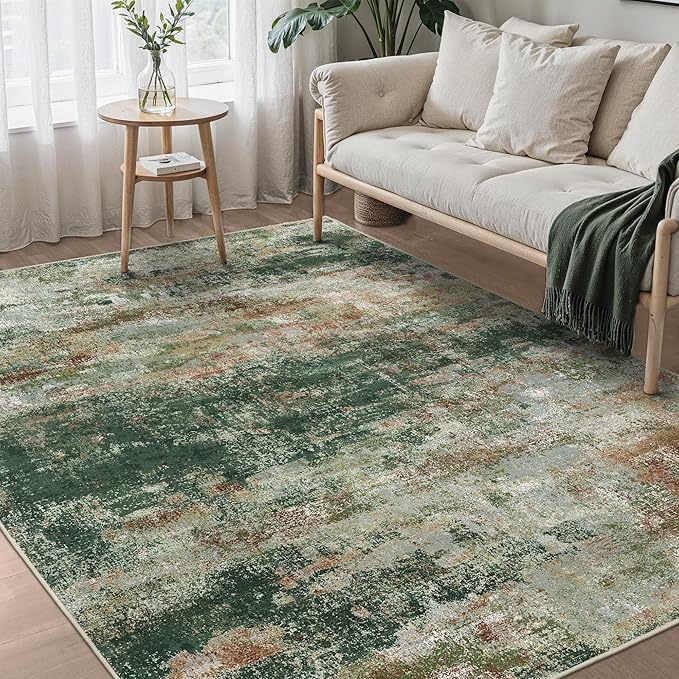 Area Rugs 6x9 for Living Room Bedroom, Modern Abstract Machine Washable Rug, Large Soft Low Pile Floor Carpet with Non Slip Backing for Dining Room, Green/Brown