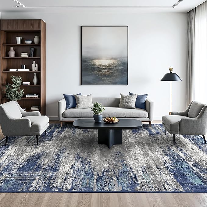 Area Rugs 8x10 for Living Room Bedroom, Modern Abstract Machine Washable Rug, Large Soft Low Pile Floor Cover with Non Slip Backing for Dining Room, Navy Blue Gray