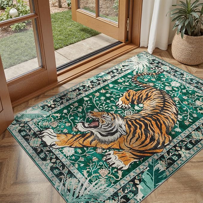 DCX Washable 3x5 Tiger Rug, Green Vintage Animal Rug for Entryway, Soft Low Pile Carpet, Kid & Pet Friendly with Rubber Back Non Slip, Stain Resistant Rug for Bedroom, Laundry, Bathroom