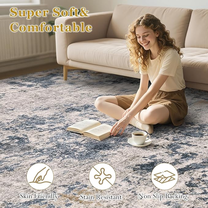 Area Rugs for Living Room: 9x12 Abstract Washable Rug Large Soft Stain Resistant Non-Slip Backing for Bedroom Dining Room Indoor Home Office Carpet for Kids Pet Friendly Families - Blue Brown