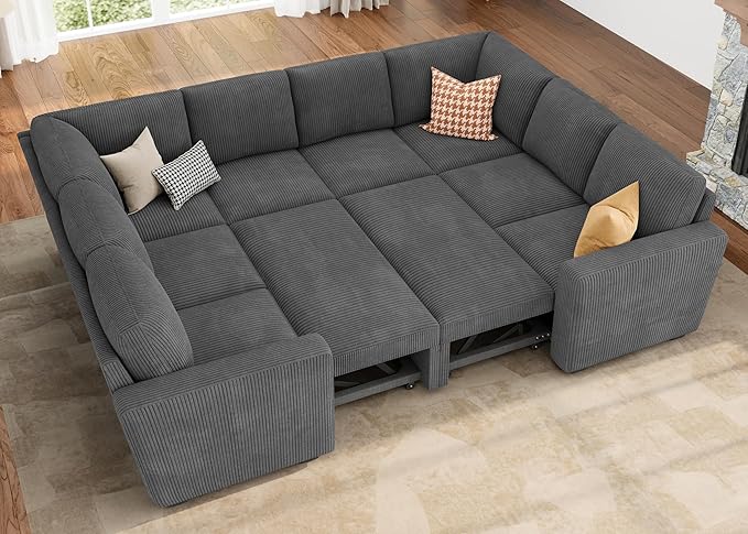 HONBAY Modular Sectional Pull Out Couch Bed, Corduroy Sleeper Sofa with Storage Seats, Oversized U Shaped Sectional Couches for Living Room, Dark Grey