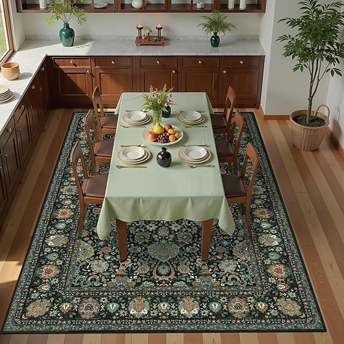 Dark Green Floral Living Room Rug 5x7 Washable Rugs Boho Vintage Oriental Large Foldable Faux Wool Carpet for Bedroom Nursery Room Dorm Kids Playroom Home Office