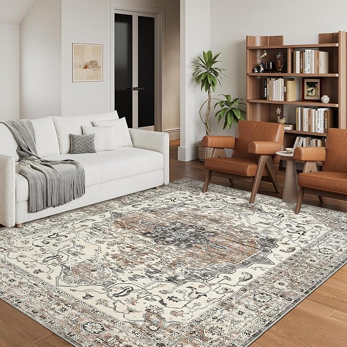 5x7 Area Rugs for Living Room, Stain Resistant Neutral Washable Rugs for Dining Room, Floral Vintage Non-Slip Thin Large Size Area Rug (Brown/Grey)