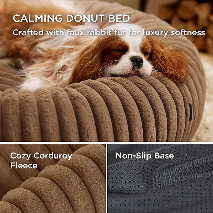 Bedsure ComfyFleece Donut Large Dog Bed - Washable Faux Fur with Corduroy Fleece & Anti Slip Bottom, Round Pet Bed with Removable Cover, Camel Brown, 36x36x8 inches