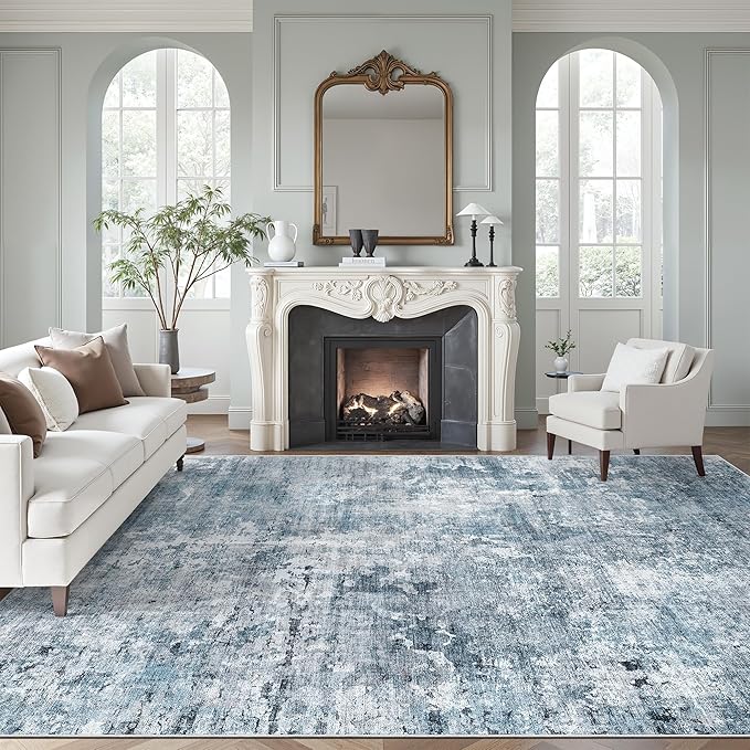 9x12 Area Rugs for Living Room, Abstract Non Slip Machine Washable Vintage Rugs, Low Pile Lightweight Large Rug for Bedroom, Dining Room, Home Office Blue