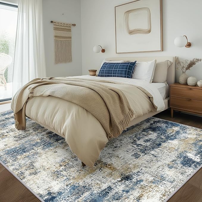 Area Rugs 6x9 for Living Room Bedroom, Modern Abstract Machine Washable Rug, Large Soft Low Pile Floor Carpet with Non Slip Backing for Dining Room, Navy Blue Beige