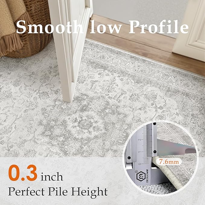 6x9 Grey Washable Vintage Area Rug for Living Room Bedroom Soft Tranditional Non Slip Large Throw Rug Lightweight Floral Low Pile Distressed Carpet Office Playroom Dinning Laundry Room Bathroom