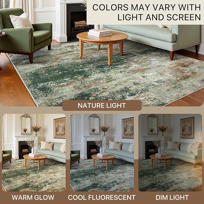 Area Rugs 5x7 for Living Room Bedroom, Modern Abstract Machine Washable Rug, Large Soft Low Pile Floor Carpet with Non Slip Backing for Dining Room, Green/Brown