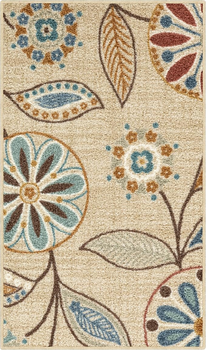 Maples Rugs Reggie Floral Kitchen Rug - Made in USA - Washable, Non Slip Indoor Carpet for Entryway, Foyer, Kitchen, and Bathroom, 1'8 x 2'10, Beige