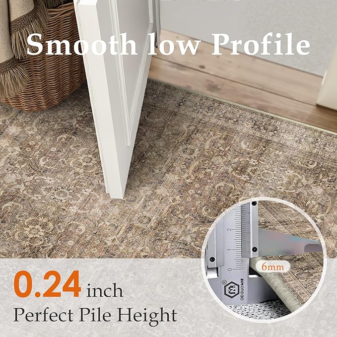HUGEAR 2'6''x10' Runner Rug Hallway Vintage Brown Machine Washable Retro Floral Low Pile Carpet Vacuumable Distressed Long Throw Rug Bedroom Office Bathroom Kitchen Laundry Non Slip Soft Lightweight