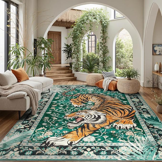 DCX Washable 9x12 Tiger Area Rug, Green Vintage Animal Rug for Living Room, Soft Low Pile Carpet, Kid & Pet Friendly with Rubber Back Non Slip, Stain Resistant Rug for Bedroom Dining Room Office