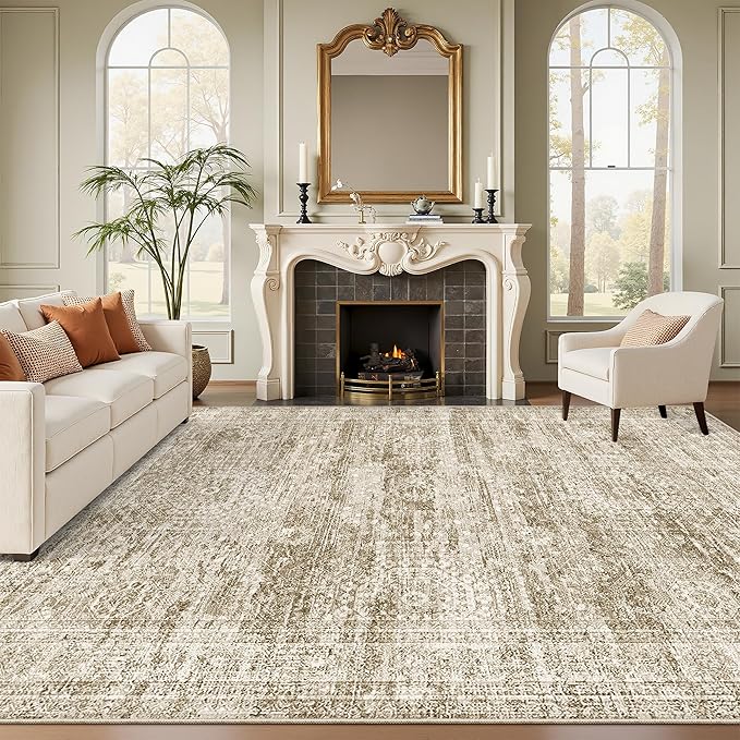 10x14 Area Rugs for Living Room, Non Slip Machine Washable Vintage Rugs, Low Pile Lightweight Large Rug for Bedroom, Dining Room, Home Office Brown