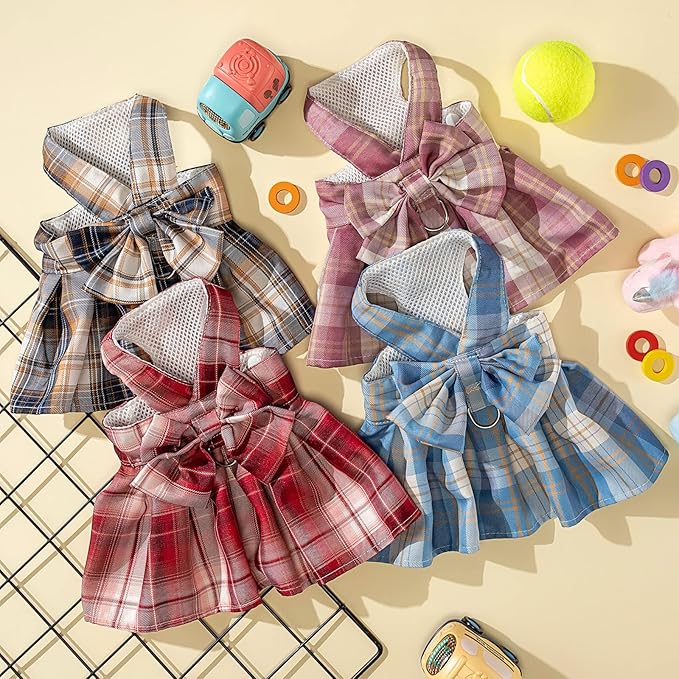 4 Pcs Cute Plaid Dog Dress Set with Bow Tie Harness & Leash for Small Dogs, Puppy Clothes for Girls Outfits(S,Dark Color)