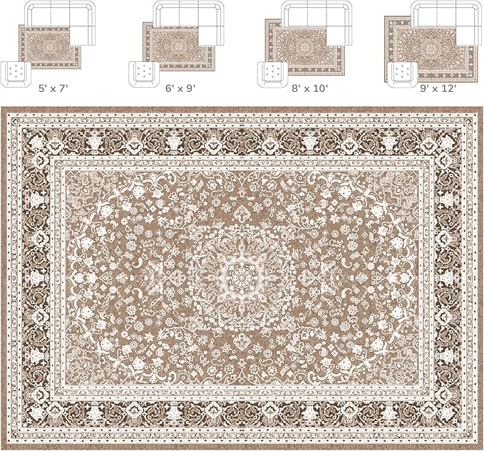 Lessymo 8 x 10 Area Rugs for Living Room, Machine Washable Area Rugs Boho Faux Wool Low Pile Area Rug for Bedroom, Floral Medallion Vintage Rugs with Non-Slip Rubber, Kid & Pet Friendly,Brown White