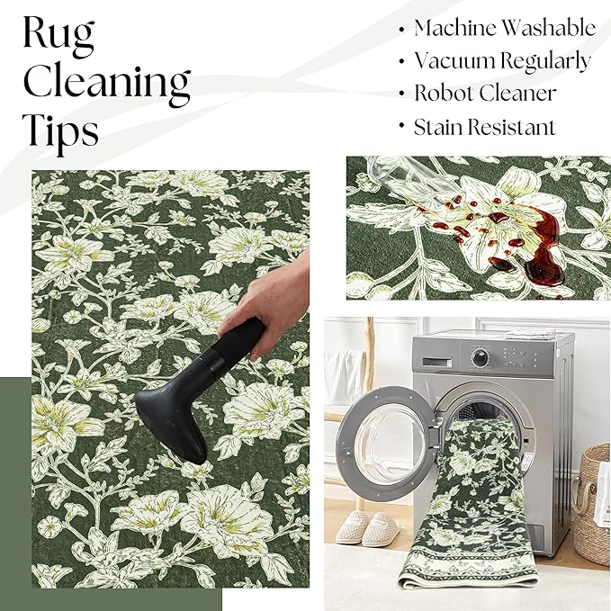 Olive Green Floral Print Area Rugs for Bedroom Living Room Boho Farmhouse Country Rustic Dining Room Carpet Soft Washable Rugs Non Slip Floor Covering for Nursery Playroom 10x12