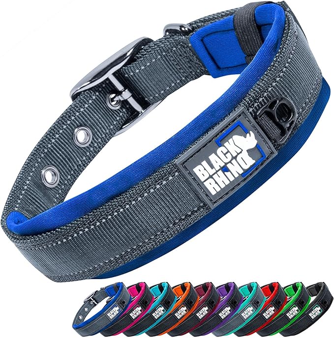 Black Rhino Dog Collars for Medium Dogs - Adjustable Reflective Heavy Duty Dog Collar with Ultra-Soft Neoprene Padding - Weatherproof, Durable, and Comfortable for Active Dogs - Sport Blue and Black