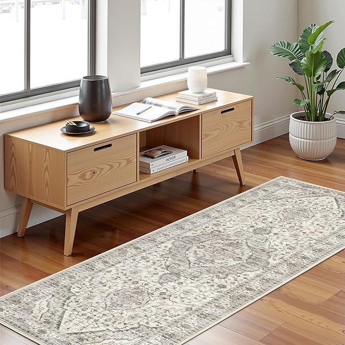 Runner Rug 2x5 Rug Boho Small Washable Area Rugs for Entryway Bathroom Kitchen, Hallway Runner Rugs Soft Low Pile Non-Slip Rubber Backing Oriental(Border Cream