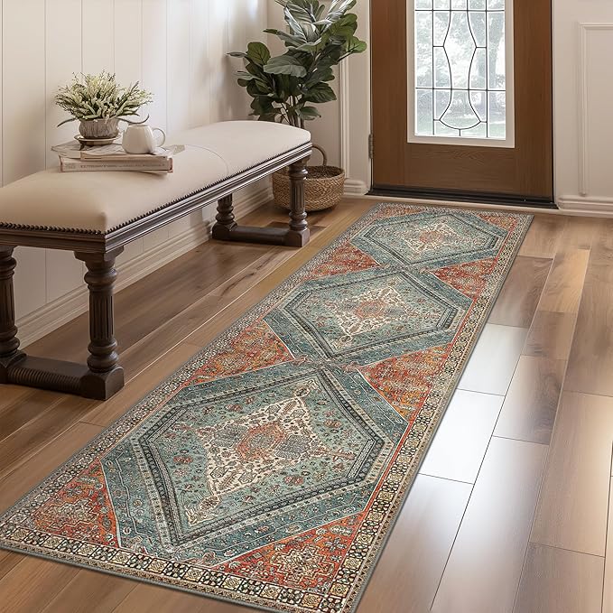 Bavni Kitchen Rug 2x5 Runner Rugs for Hallways Entryway, Washable Vintage Print Carpet, Ultra-Thin Chenille Low Pile Lightweight Rug with Non Slip Backing, Light Red/Blue