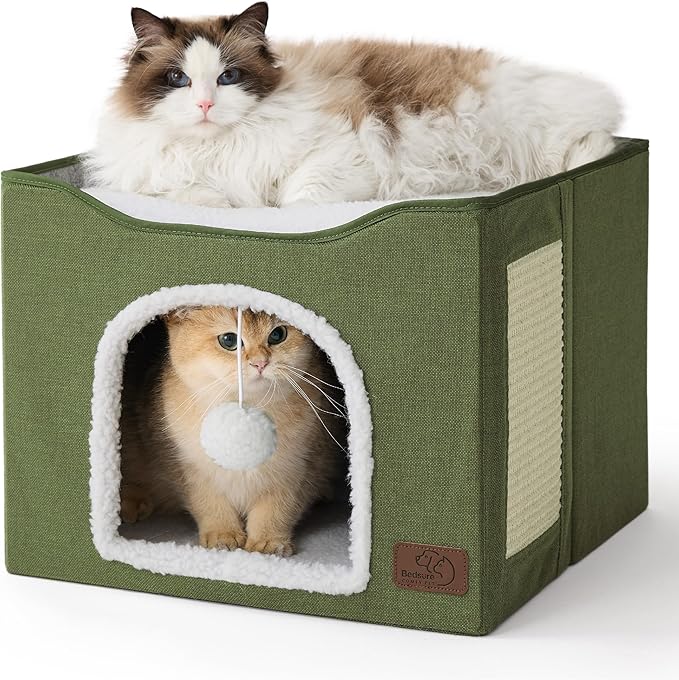 Bedsure Cat Beds for Indoor Cats - Large Cat Cave for Pet Cat House with Fluffy Ball Hanging and Scratch Pad, Foldable Cat Hideaway, 16.5x16.5x13 inches, Loden Green