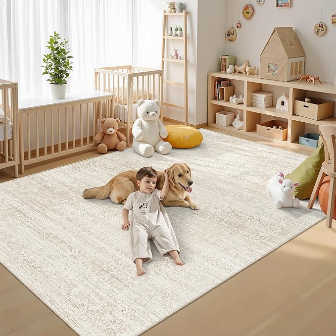 6x9 Area Rugs for Living Room, Washable Neutral Rugs for Bedroom, Floral Vintage Non-Slip Soft Throw Carpet for Dining Room Farmhouse (Beige/Cream, 6'x9')