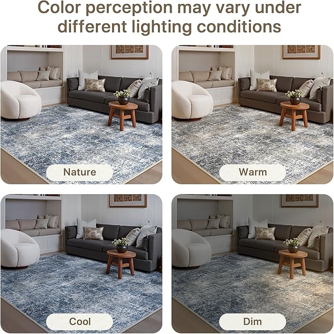 GENIMO Washable Area Rugs for Living Room, 8x10 Modern Non Slip Rugs, Low Pile Lightweight Soft Print Rug for Bedroom, Dining Room, Home Office, Deep Sea Blue